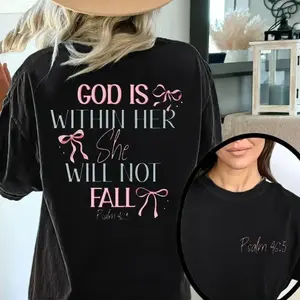 230g Washed Cotton T-Shirt Dual-Sided Inspirational Design Psalm 46:5 Retro Vintage Loose Fit Unisex Casual Top Breathable Womenswear