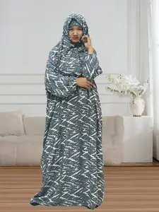 Women's Ditsy Floral Print Contrast Lace Zipper Long Sleeve Arabian Dress with Hijab, Elegant Drop Shoulder Long Dress for Muslim, Ladies Modest Islamic Clothing for All Seasons