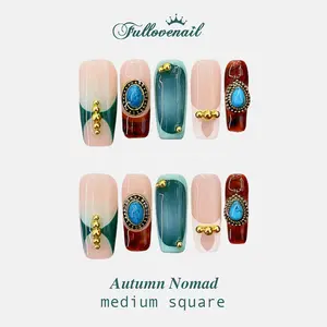 Fullovenail Medium Square 10 PCS Autumn Nomad Handmade Press on Nail REUSABLE 3D Gel Fake Nails Acylic Press on Nail/Christmas Autumn Fall Winter Peret 2025