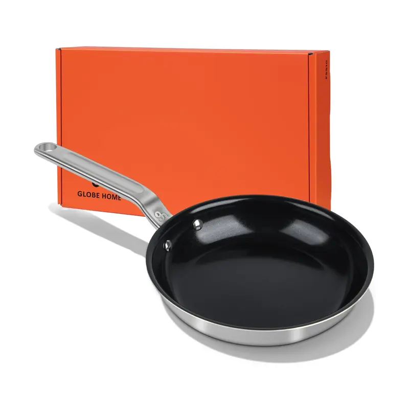 Globe Home Ceramic Non Stick Frying Pan 5 Ply Stainless Clad Skillet Toxic PTFE PFOA Free Professional Induction All Stoves Oven Up to 650°F Healthy Cooking - Aluminium