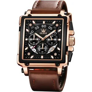 OLEVS Square Watches for Men Brown Leather Chronograph Fashion Business Watch Luminous Waterproof Casual Wrist Watches