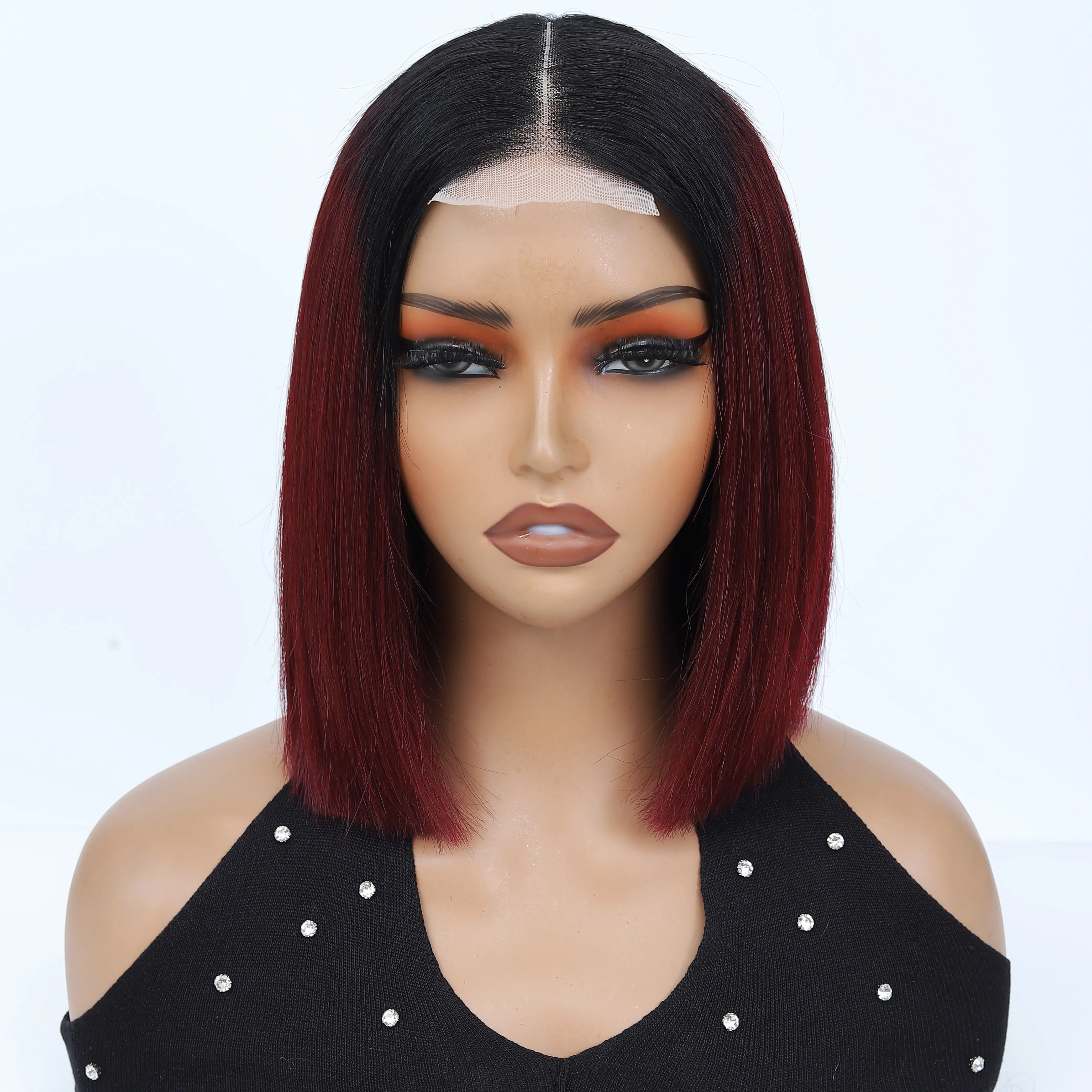 Human Hair T Part Lace Wig, 2x6 T1B/99J Burgundy Ombre Glueless Straight Short Bob Wigs, HD Lace, Middle Part, Pre-Plucked, Pre-Bleached Knots, 180% Density, Drawstring, Beginner-Friendly Summer Hairstyle#SummerWins, Wigs Human Hair