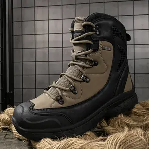 Men's High-top Combat Boots, Waterproof, Non-slip, Wear-resistant, PU and Layered Cowhide Upper, Fabric Inner, Rubber Sole, Suitable for Hiking, Training, Daily Wear, All-season Simple Outdoor Shoes
