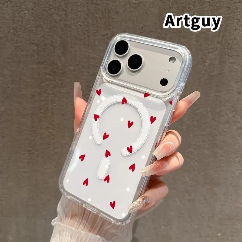 Magnetic Cellphone Case for iPhone Series (17,16 Pro Max Plus,15,14,13,12,11,Air E) - Multi-Model Acrylic+Silicone Protection, White Heart Print, Hard Back, Soft Edge, Water-Resistant Smartphone Accessory (HM127)