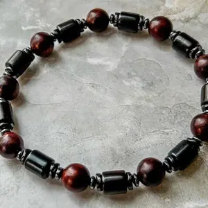 Cherrywood & Onyx Bracelet - Hematite Gemstone Beads, Natural Finish, Simple Design, Versatile Accessory
