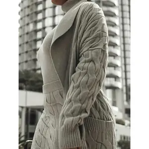 Graceful solid skirt set, long-sleeve open-front cardigan with mid-length tunic and high-waisted pencil skirt outfit for women