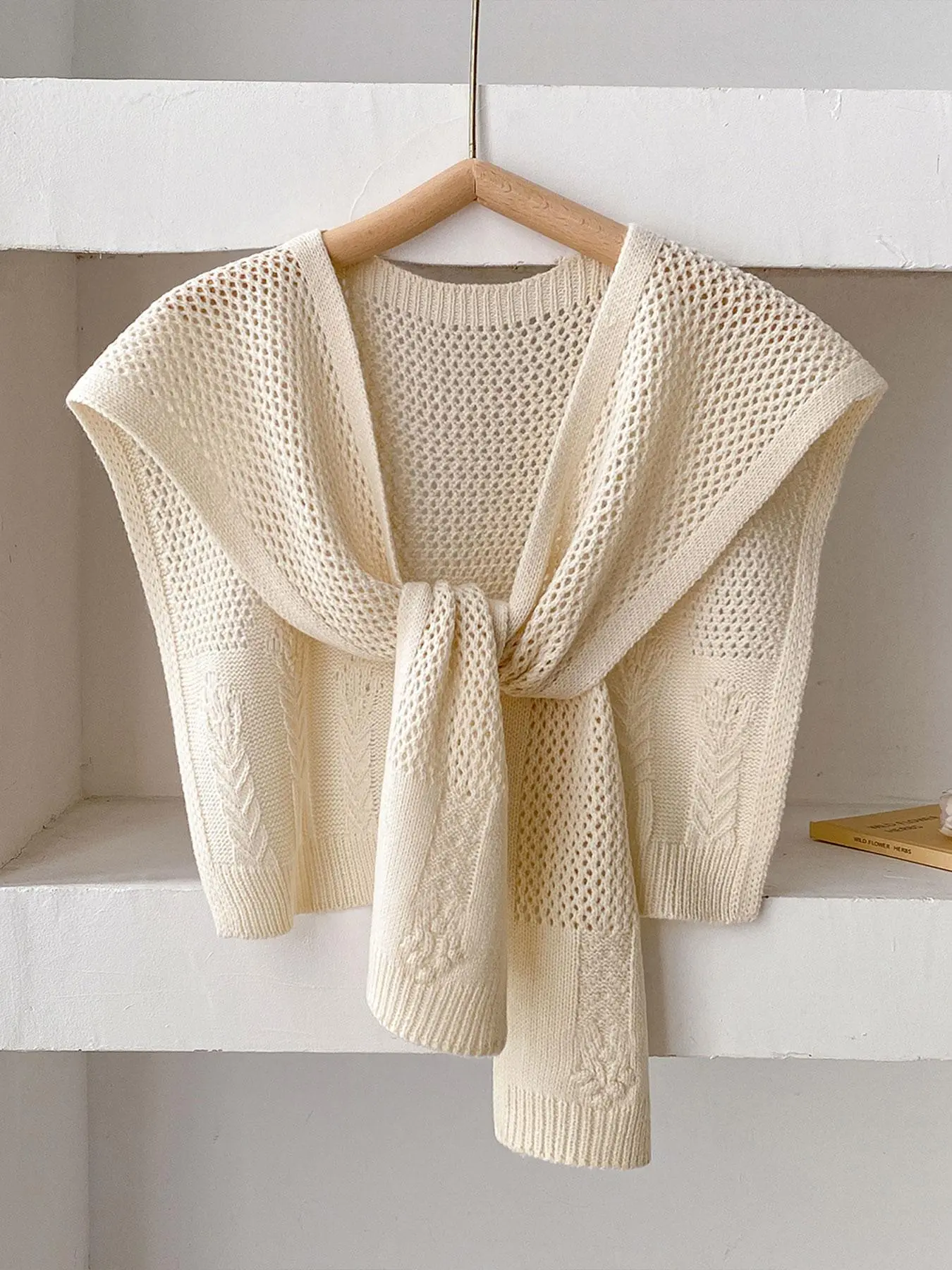 Women's Solid Color Knitting Hollow Out Cape Sweater, Casual Basic Loose Long Sleeve Open Front Knitwear for Daily Wear, Fashion Accessories for Lady & Girls, Womenswear Tops