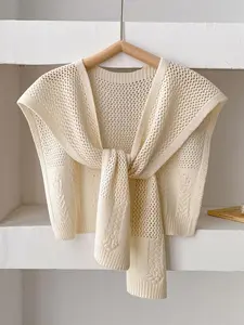 Women's Solid Color Knitting Hollow Out Cape Sweater, Casual Basic Long Sleeve Open Front Knitwear for Daily Wear, Fashion Accessories for Lady & Girls, Womenswear Tops