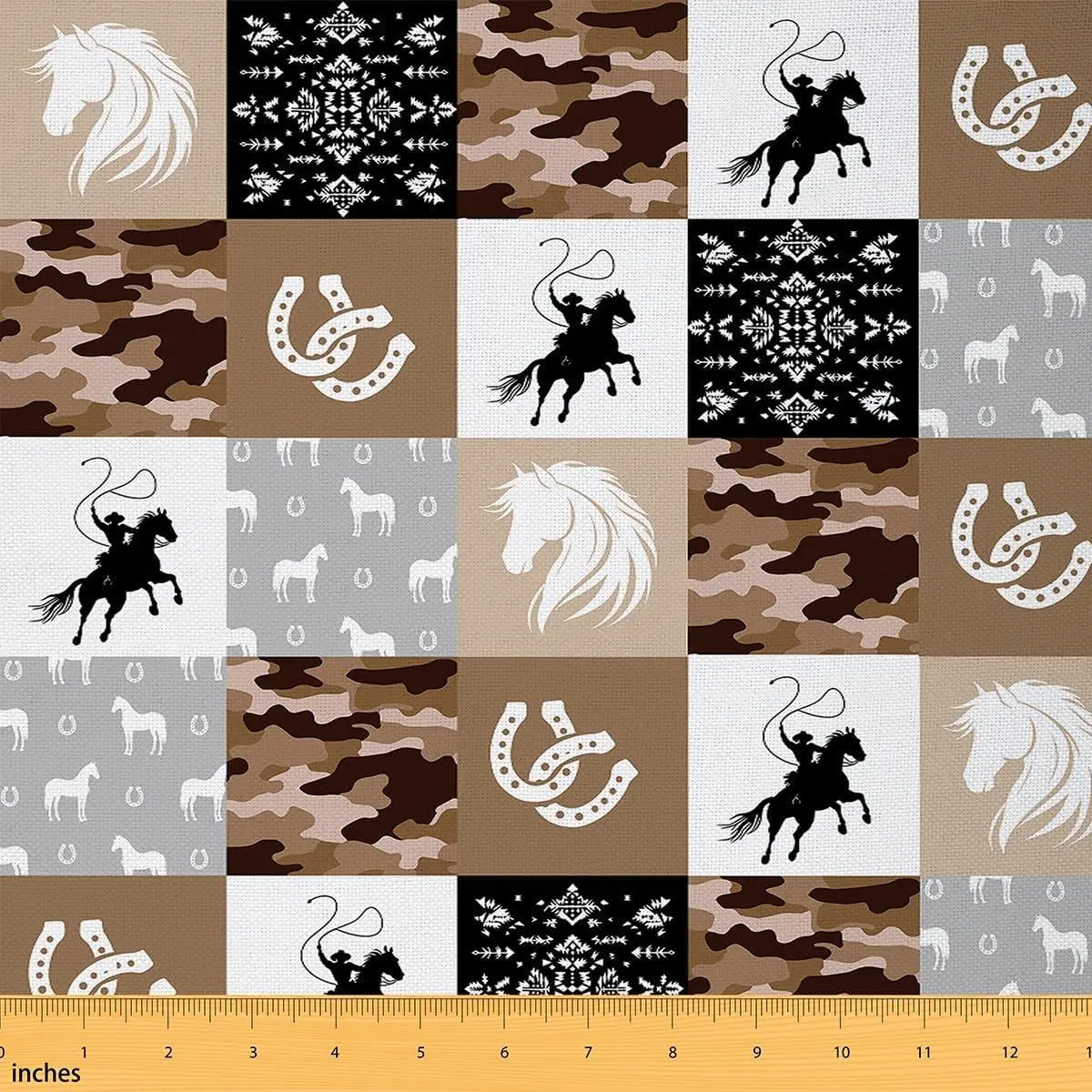 Southwestern Cowboy Fabric Tribal Ethnic Style Plaid Fabrics Sewing Lovers Brown Camouflage Horse Decor Fabric DIY Soft Flannel Polyester No Stretch