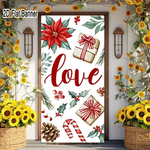 2D flat banner, 1pcChristmas Love Poinsettia Gift Box Backdrop, Festive Red White Holly Candy Cane Party Decor, Merry Christmas Evergreen Berries Banner for Holiday Video Backgroundgalentines party decor, valentine day decor, decorations for valentin