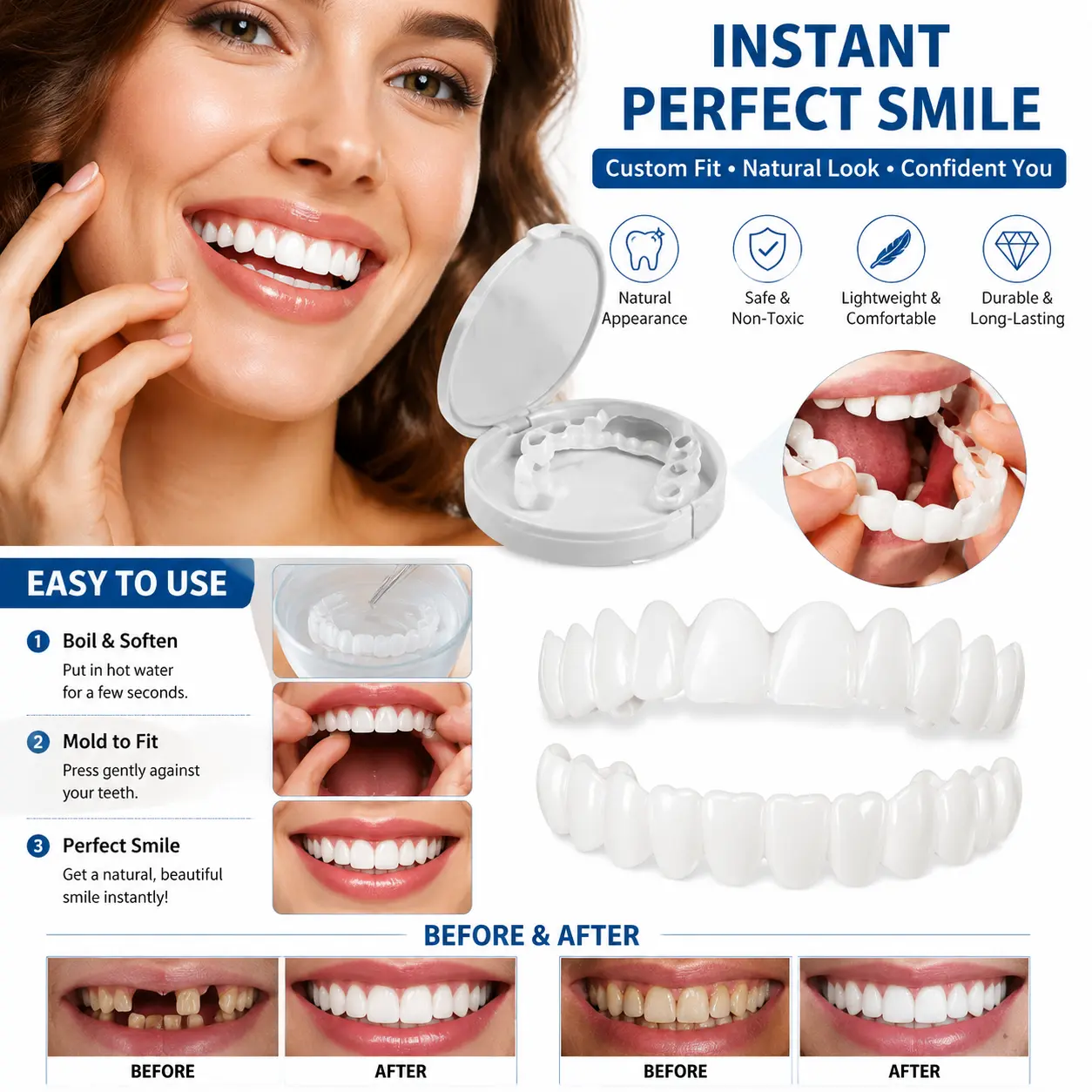 3PCS Removable Smile Veneers, Natural Looking Teeth Covers, Comfortable Fit Cosmetic Smile Accessory for Daily Wear