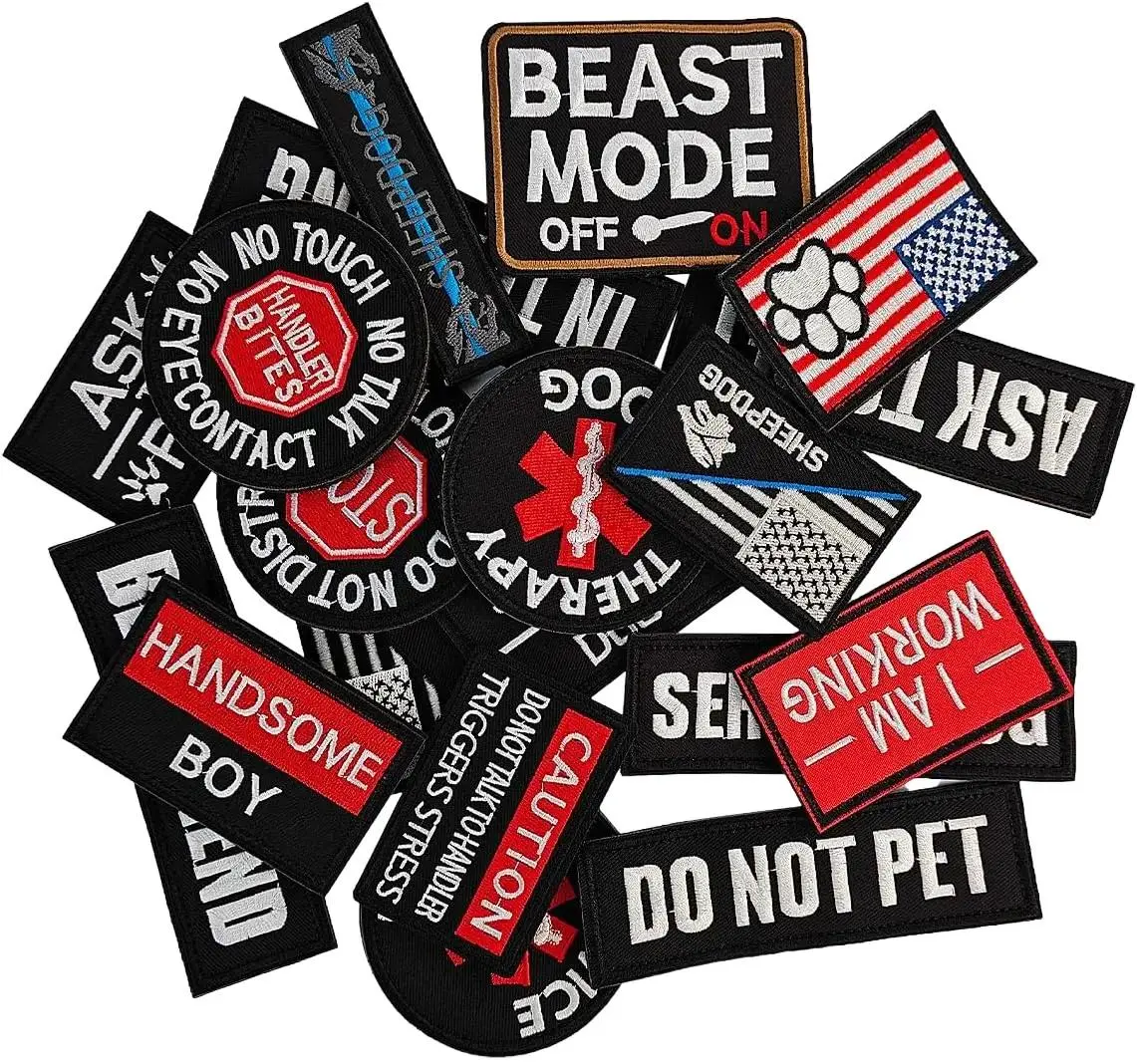 20Pcs Service Dog Patches Don't Pet in Training No Touch Therapy Dog Full Embroidered Badge Emblem Patch for Service Dogs Harness Vest Clothes