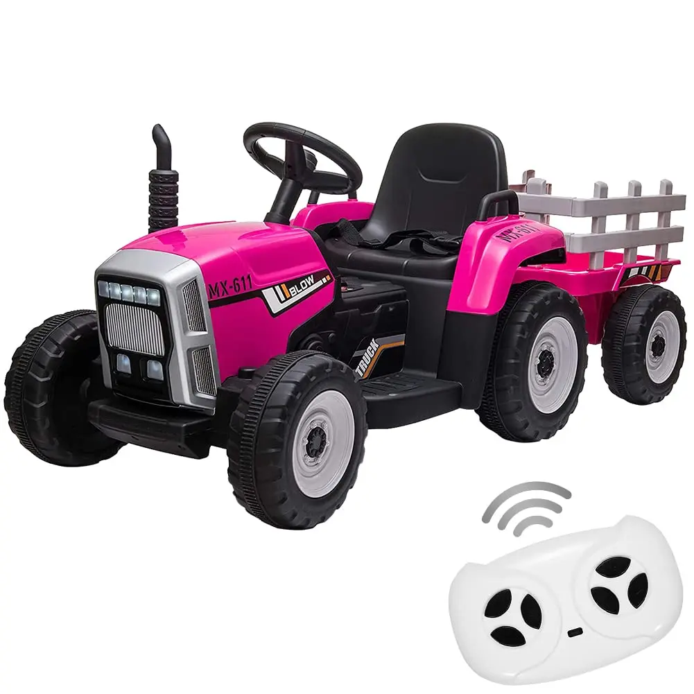 GARVEE 12V Battery Powered Electric Tractor with Trailer, Remote Control, 7-LED Headlights, 2+1 Gear Shift, Music Player, USB Port, Rose Red, 35W, EVA Tires for Ages 3-6