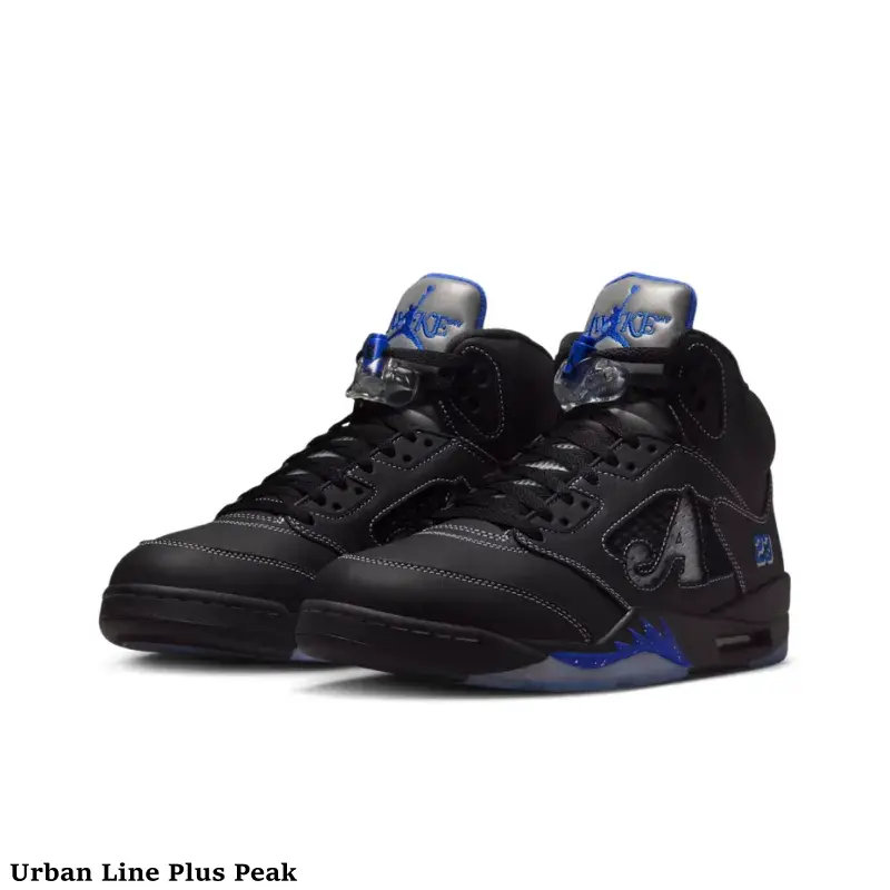 Black Royal Blue Retro 5 High Tops Brand New With Matching Shoe Box, smooth black leather with stitched detailing, blue shark tooth trim and frosted translucent outsole. Unisex vintage sneakers for street outfits and sneaker collection storage