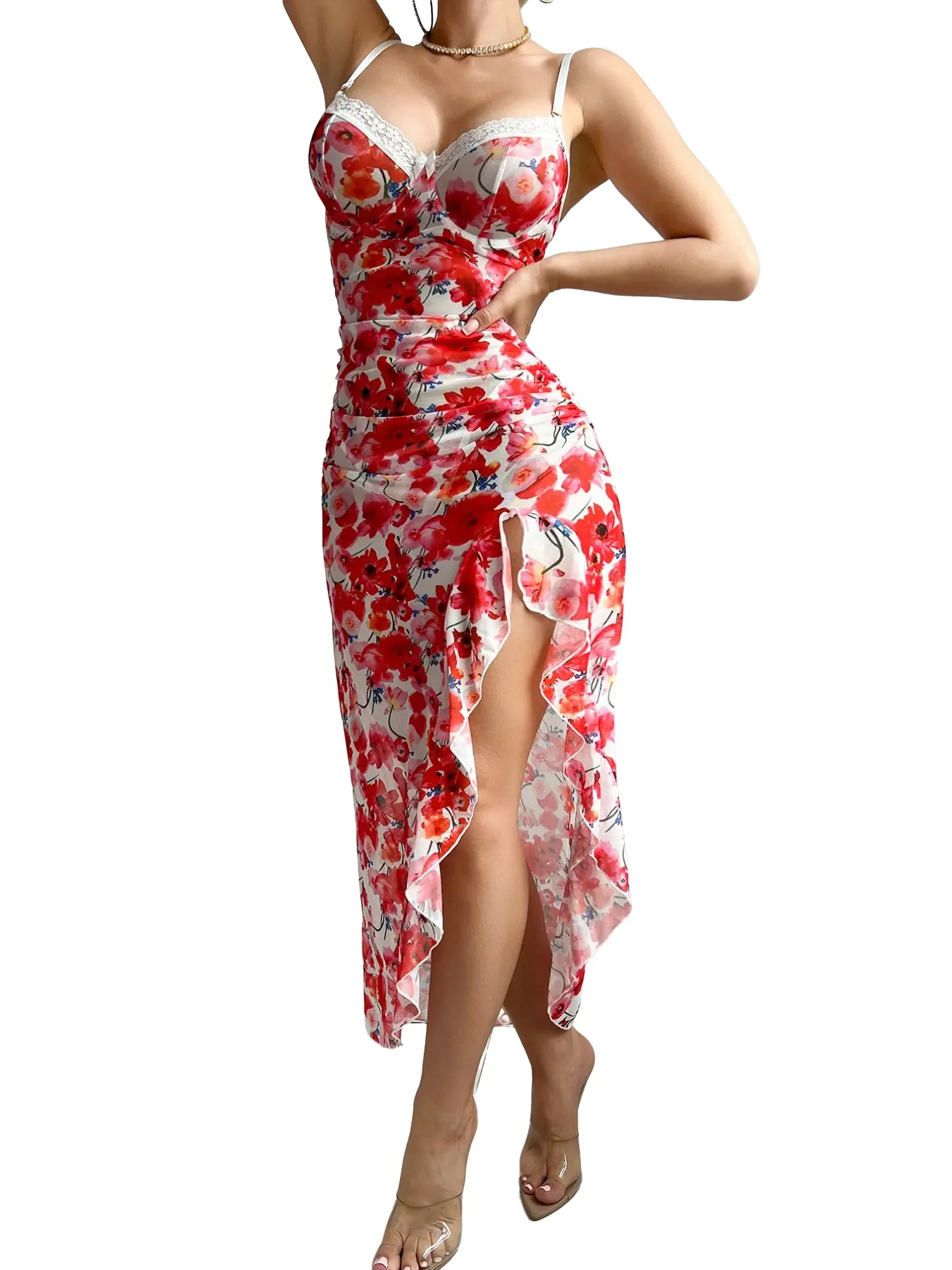 Valentine's Day Floral Midi Dress | Red Romantic Print Ruched Slit Sleeveless Dress | Date Night Outfit Chic Womenswear