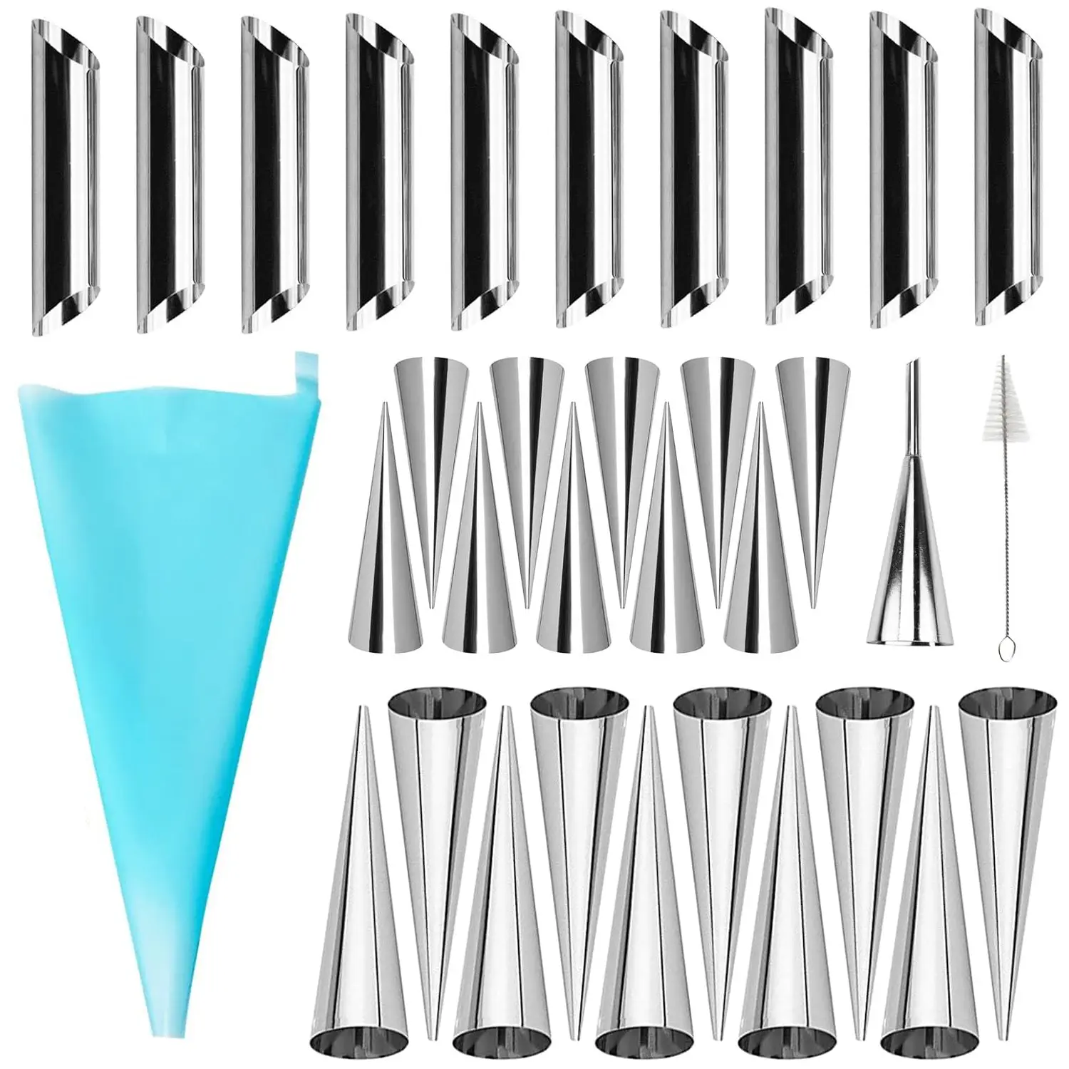 30pcs Stainless Steel Cone/Tubular Baking Molds - 20 Cone, 10 Cream Horn Molds with Piping Tips Set & Pastry Bags, Oven-Safe Home Baking Supplies, Smooth Surface Kitchen Bakeware with Cleaning Brush for Family Use