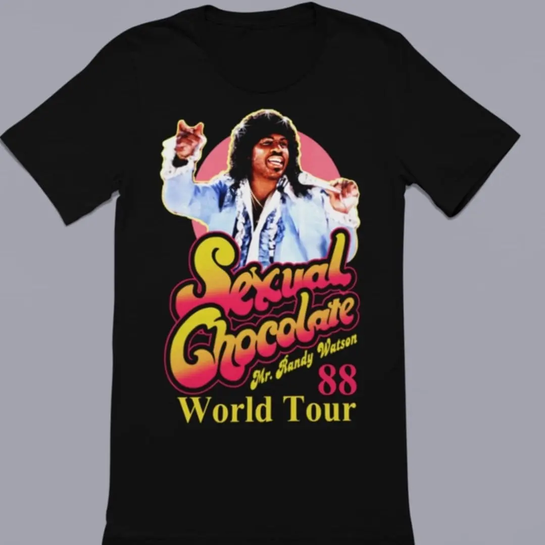 Men's Randy Watson T-Shirt, Sexual Chocolate World Tour '88 Graphic Print, Casual Short-Sleeve Streetwear for Movie Nostalgia Fans, Tshirt, Top, Menswear, Love, Shortsleeve, Movie Theme, Crew Neck, Cotton Blend, Round Neck For Easy Layering, Casual Tee, S