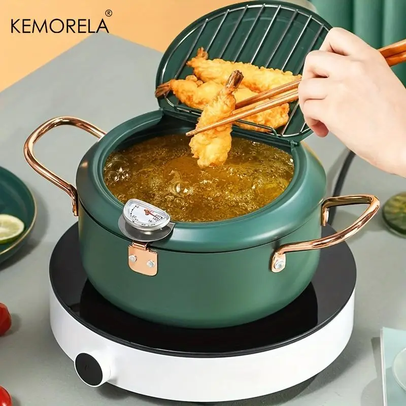 Japanese Deep Fryer Pot with Thermometer & Oil-drip Rack, Non Stick Fryer Pot for Chicken, Fish, Shrimp, Kitchen Cookware