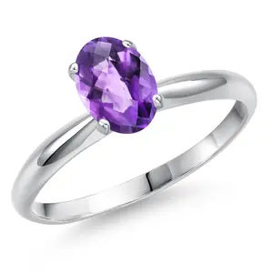Gem Stone King 14K White Gold Purple Amethyst Solitaire Engagement Ring For Women | 0.75 Cttw | Oval Checkerboard 7X5MM | Gemstone February Birthstone