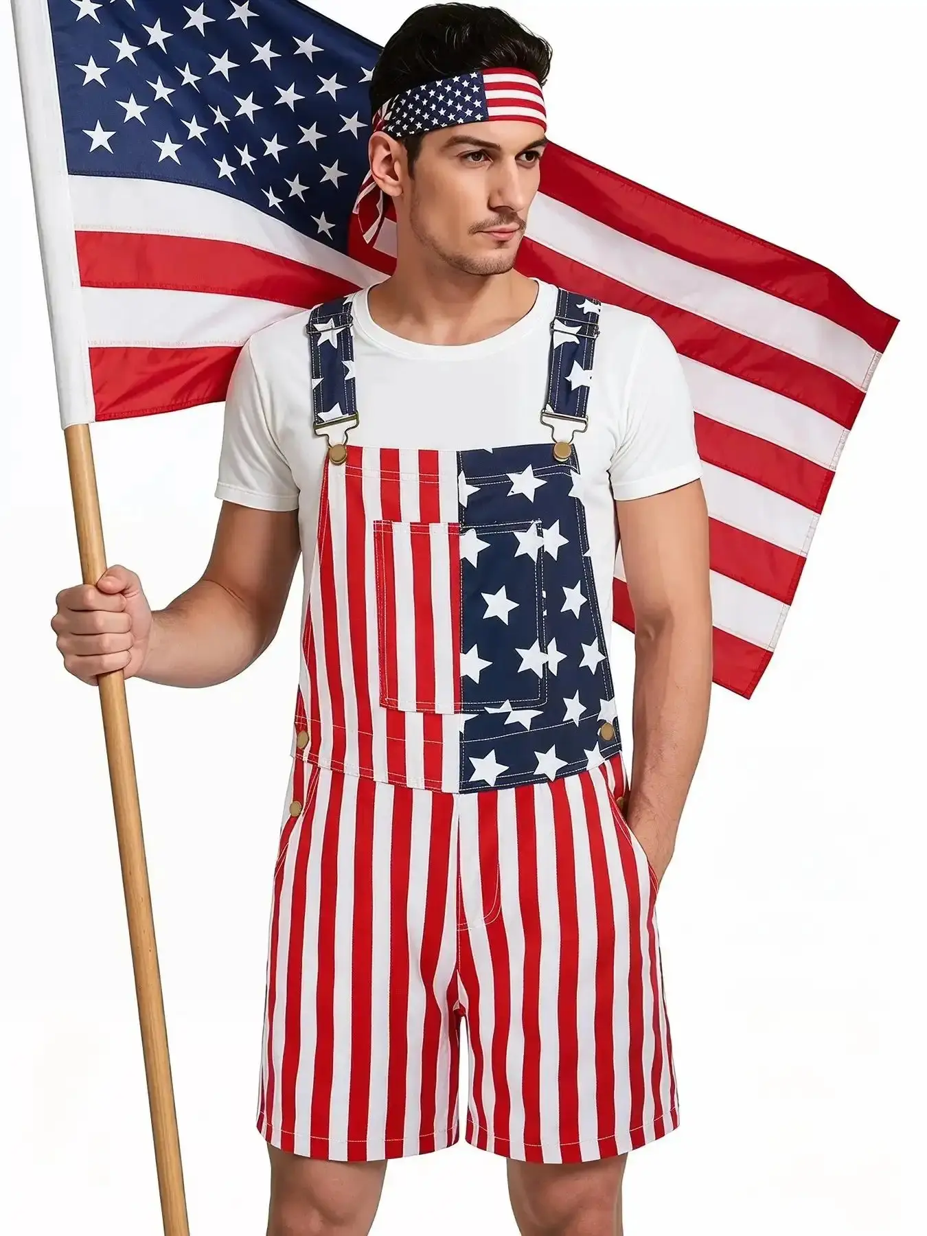 Unisex American Flag Star Striped Denim Jumpsuit, Adjustable Shoulder Straps, Large Pockets, Casual Style, everyday wear, wardrobe staple, must have item, essential piece, trendy style, wardrobe essential
