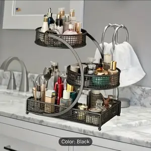 1pc No-Installation Lightweight Metal Cosmetic Organizer - Spiral Design Vanity Shelf with 3-Tier Mesh Storage, Space-Saving Countertop Bathroom Shelf Suitable for Lipstick, Skincare, Brushes & Bottles, Perfume Organizer