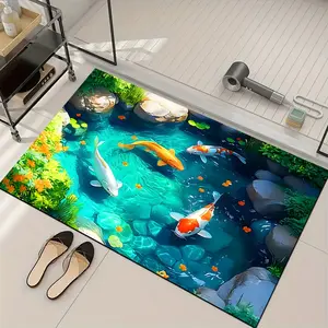 Koi Fish Pond Pattern Bathroom Rug, Non-Slip Water Absorbent Design, Kids Shower Kitchen Laundry Room Mat, Easy Clean Home Decor Accessory