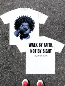 Black, Round Neck, Regular-Fit Long Tee With ‘Walk By Faith’ Slogan & Child Graphic, Religious Streetwear, Moody Blue Portrait, Bold Typography & Comfortable Fit For Urban Cool, Casual Layering Or Statement Solo Wear