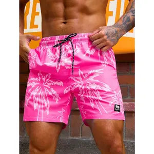 Men's Palm Tree Print Drawstring Waist Beach Shorts, Hawaiian-style Men's Palm Tree Swim Trunks, Pink Palm Tree Swim Trunks, Neon Pink Men's Swim Trunks, Bright Pink Men's Swim Trunks