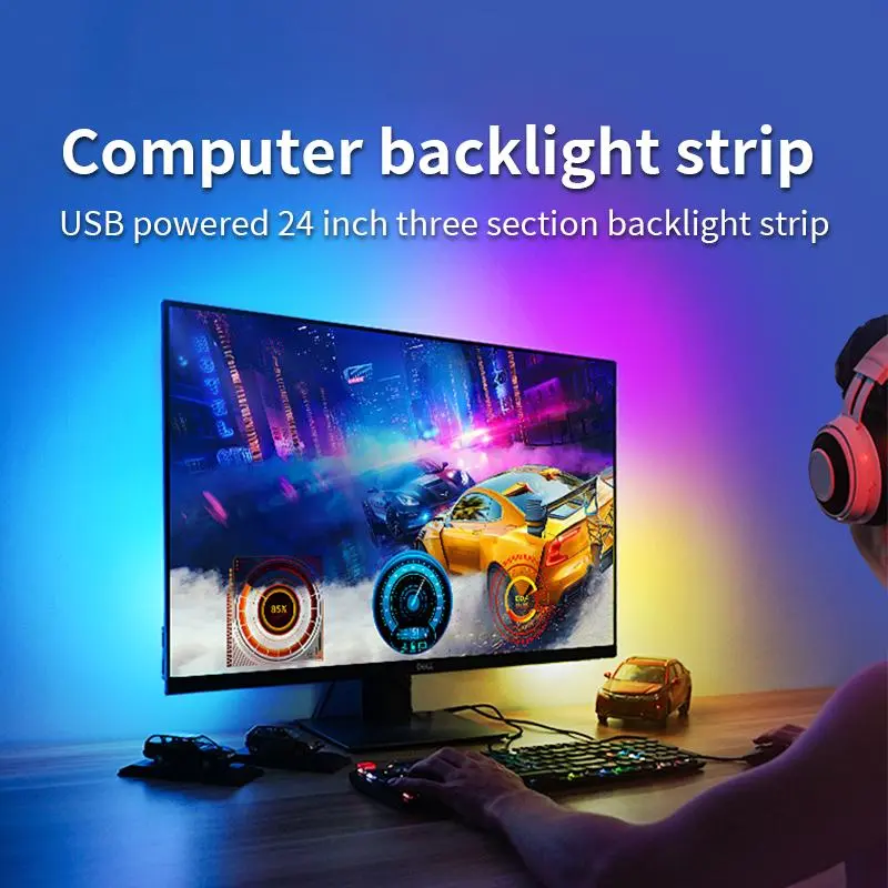 RGB LED Monitor Backlight Strip - 24 Inch USB-Powered 3-Section Gaming Atmosphere Light for Home Office & PC Monitors with Smart App Control & Music Sync Function