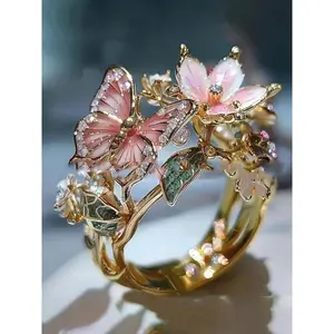 Butterfly Flower Oil Drop Ring for Women, Leaf Accents, Floral Design, Daily Fashion Accessory, Perfect Holiday Gift