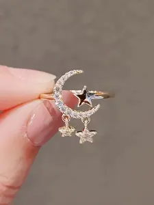 Zirconia Open Moon Ring, Cubic Zirconia Rings, Adjustable Faux Pearl Ring, Fashion Party Jewelry, Stylish Accessory for Women, Elegant Gift Idea