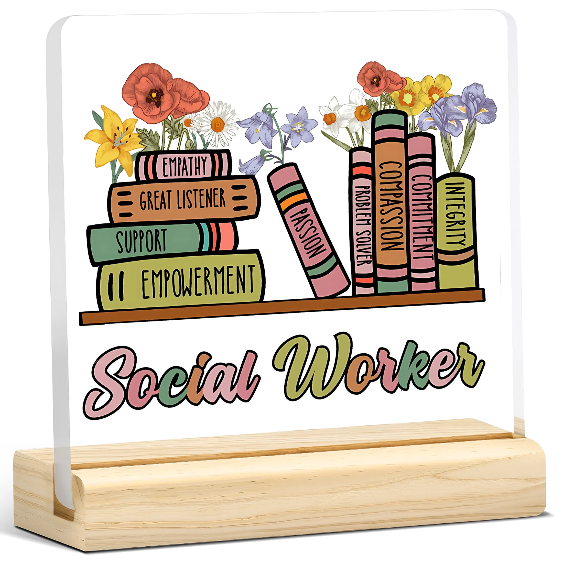1pc Inspirational Social Worker Gift Acrylic Plaque – Book Spine Floral Quote Desk Decor for Therapists, Counselors, Case Managers, Appreciation Office Ornament Birthday Christmas Graduation Home Decor Social Work Month