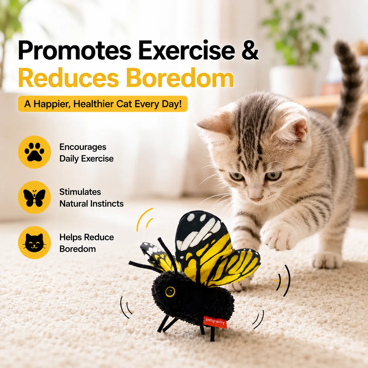 Interactive Electric Fluttering Butterfly Cat Teaser Toy - USB Rechargeable, Auto-Moving, 3 Intelligent Flight Modes, Washable Plush Cover, Indoor Exercise Aid, Reduces Boredom for Kittens