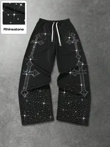 Men's Rhinestone Cross Pattern Wide Leg Pants, Street Gothic Style, Casual Outdoor Wear, Daily Fashion, All Seasons, Casual Streetwear Trousers