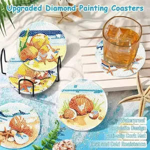 8 Piece 5D Diamond Puzzle Coasters, Ocean Design with Clamps, DIY Diamond Art Shell Starfish Coasters, Non-Slip Heat Resistant, Home Office Use