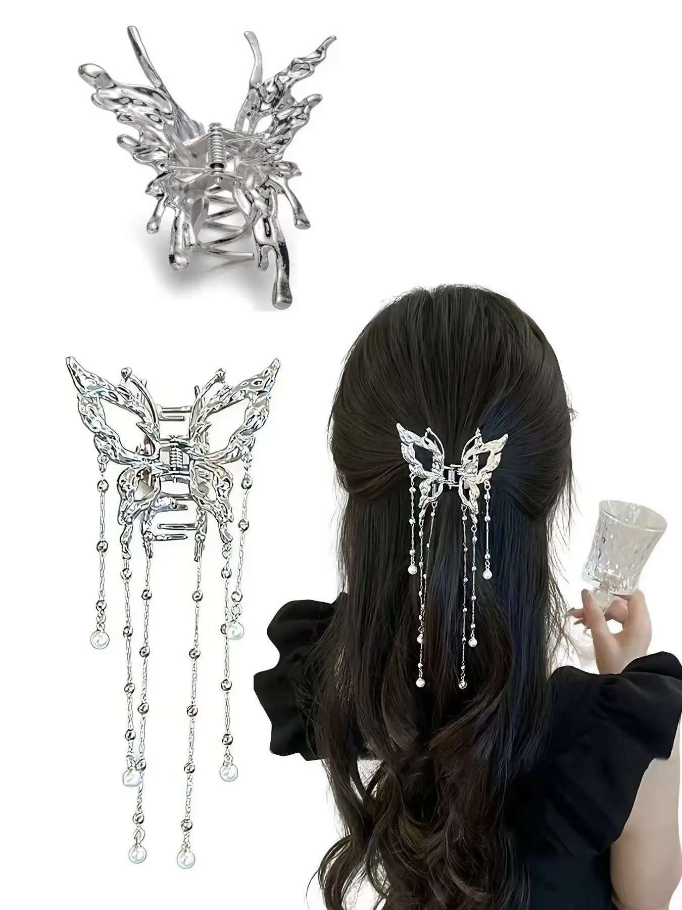 Large Non-Slip Butterfly Hair Claw Clip, Butterfly Clips, Liquid Metal Silver Color Hair Claw with Pearl Tassels, Y2K Aesthetic Hair Accessory for Women, Butterfly Hair Accessories