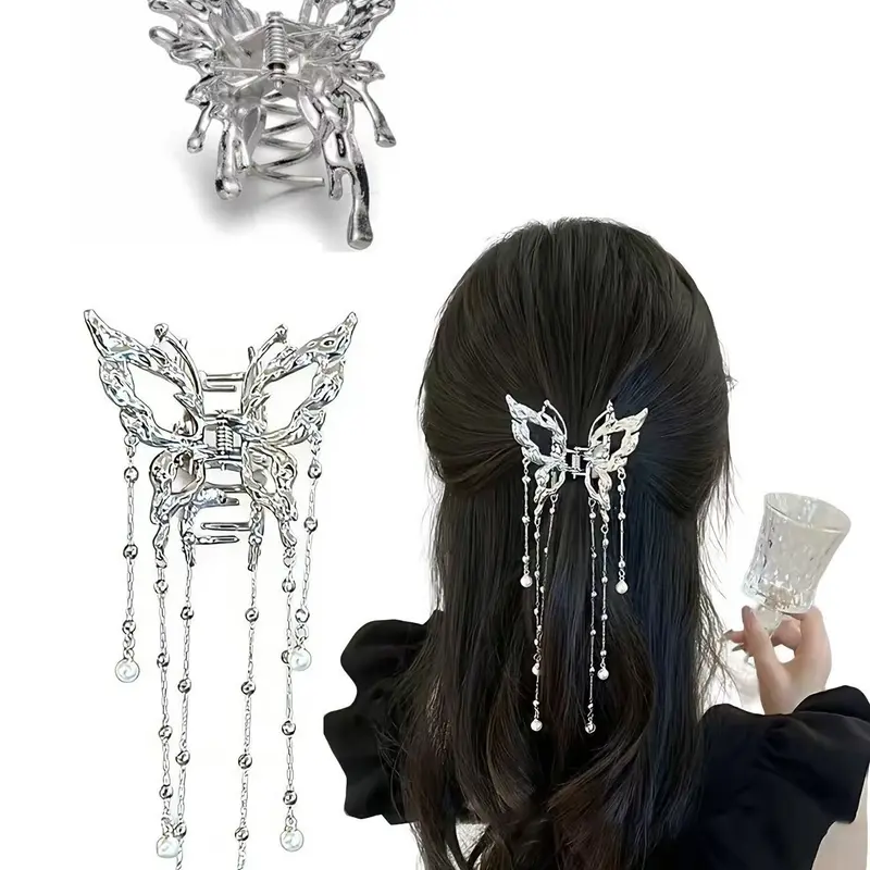 Large Non-Slip Butterfly Hair Claw Clip, Butterfly Clips, Liquid Metal Silver Color Hair Claw with Pearl Tassels, Y2K Aesthetic Hair Accessory for Women, Butterfly Hair Accessories