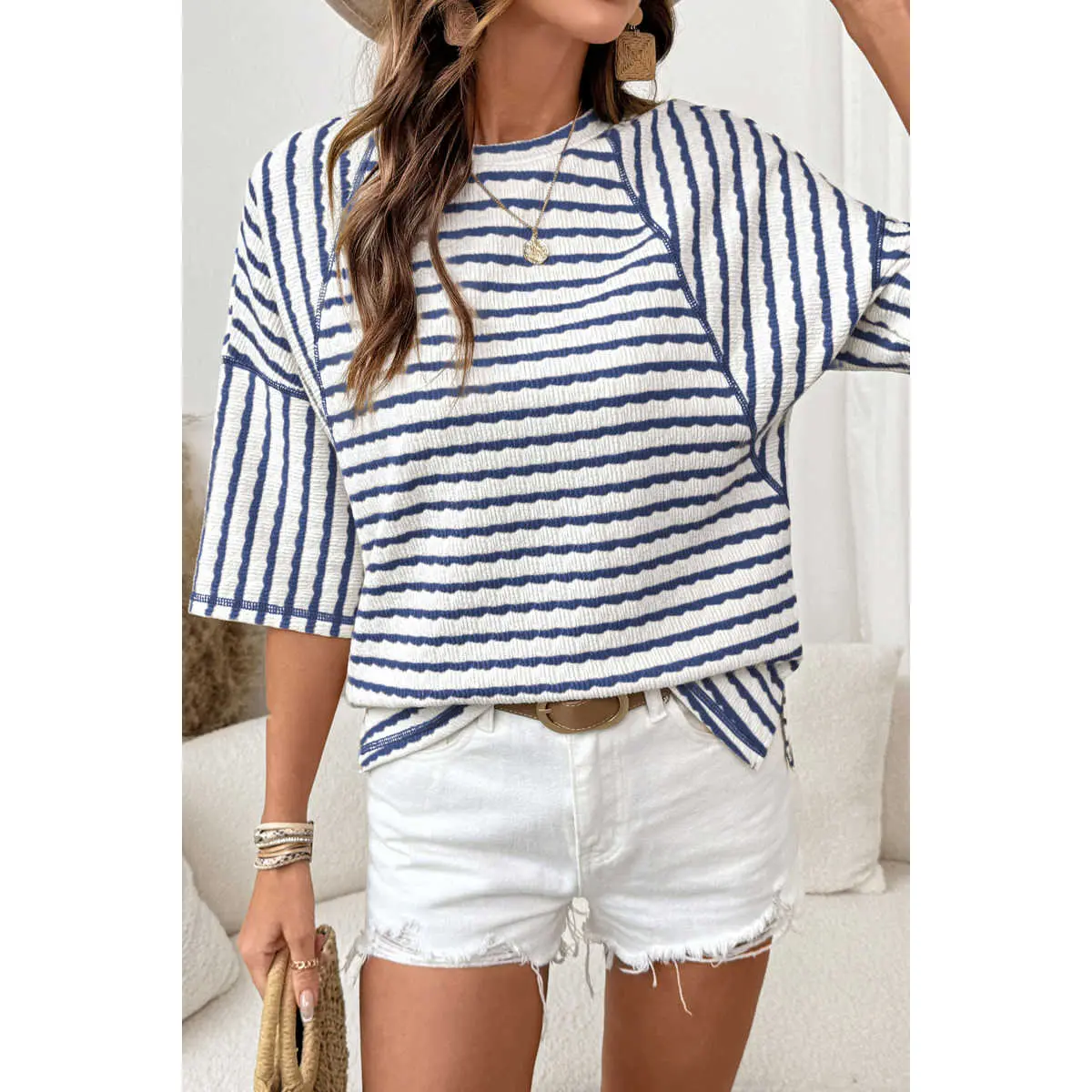 Women's Casual Striped Textured Knit Tee - Blue, Half-Sleeve, Round Neck, Loose Fit, Split Hem, Breathable Comfortable Fabric, Versatile Knitwear Top