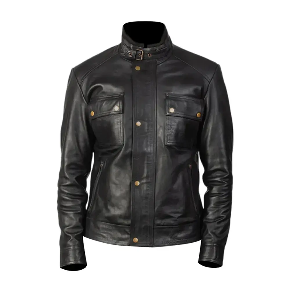 Men's Black Cow Leather Long Sleeve Plain Biker Jacket, 4-Pocket Casual Classic Coat by Hide Crafts | Menswear Tops