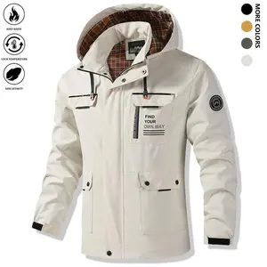 Men's Regular Fit Letter Print Pocket Zipper Jacket, Casual Waterproof Windproof Long Sleeve Hooded Outdoor Coat, Windproof Comfortable Workwear Jacket, Suitable for Outdoor Activities top outerwear trucker battle