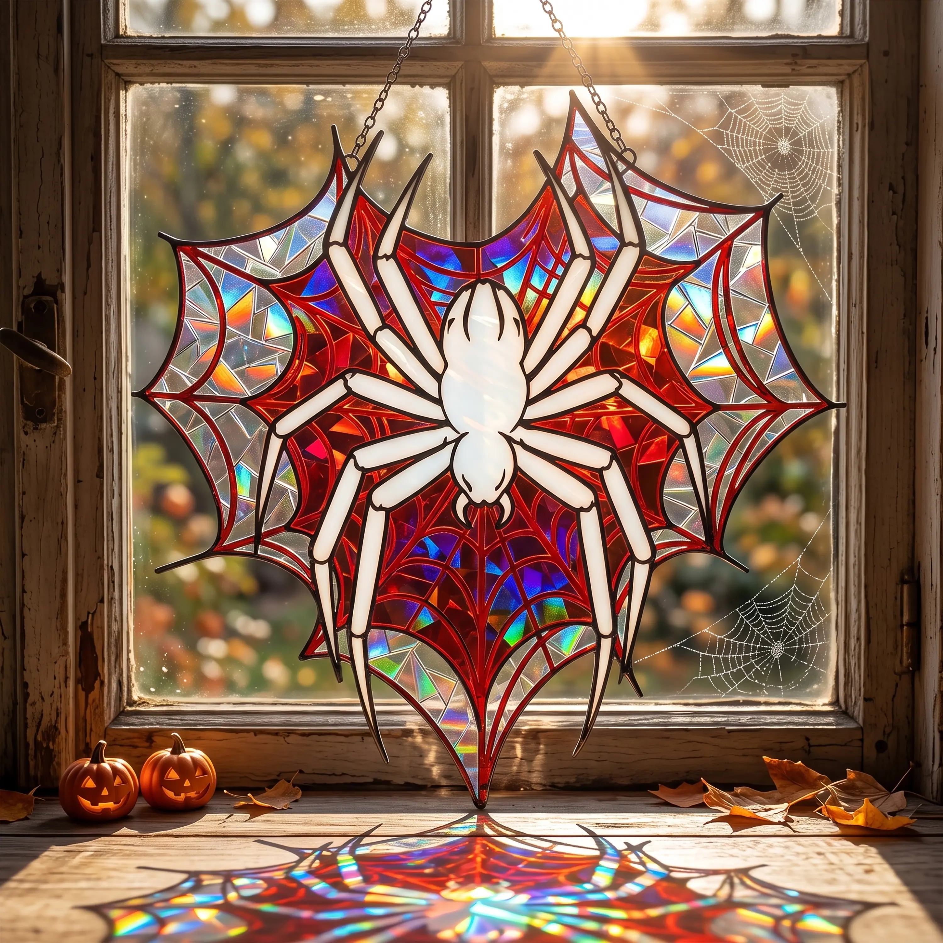 Shattered Glass Holographic Suncatcher | White Spider & Red Web Acrylic Window Hanging | Faux Stained Glass | Spooky Gothic Decor Gift