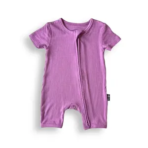 SHORTIE ZIP ROMPER - Lilac Ribbed, Baby Girls Soft Bamboo Short Romper