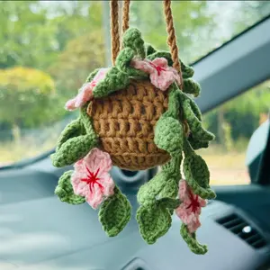 Crochet Flower Design Car Hanging Ornament, Cute Car Rearview Mirror Hanging Decoration, Car Interior Decoration Accessories for Women & Girls, Car Interior Accessory