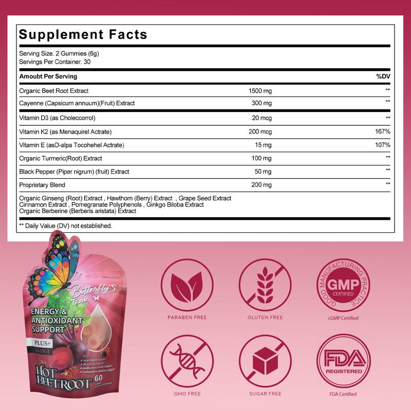 Butterfly’s Tear Hot Beetroot Gummies – Beet Root, Cayenne, Turmeric & Cinnamon for Cardiovascular, Brain & Focus Support – 60 Gummies