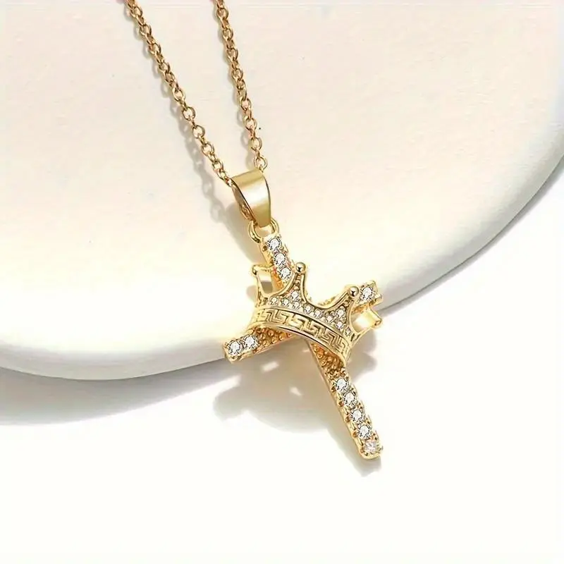 Women's Dainty Cross Relief Necklace with Crown Charm, Elegant Chain, Faith Necklace, Casual Faith-Based Fashion Jewelry for Daily & Party Wear, Cross Necklace