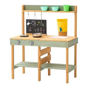 Mud Kitchen for Kids, Wooden Toy Play Kitchen Set, Outdoor Toddler Grocery Store Playset, Pretend Play Kitchen with Planter Box, Stoves, Tank, Faucet, Blackboard, Cookware Pots and Accessories