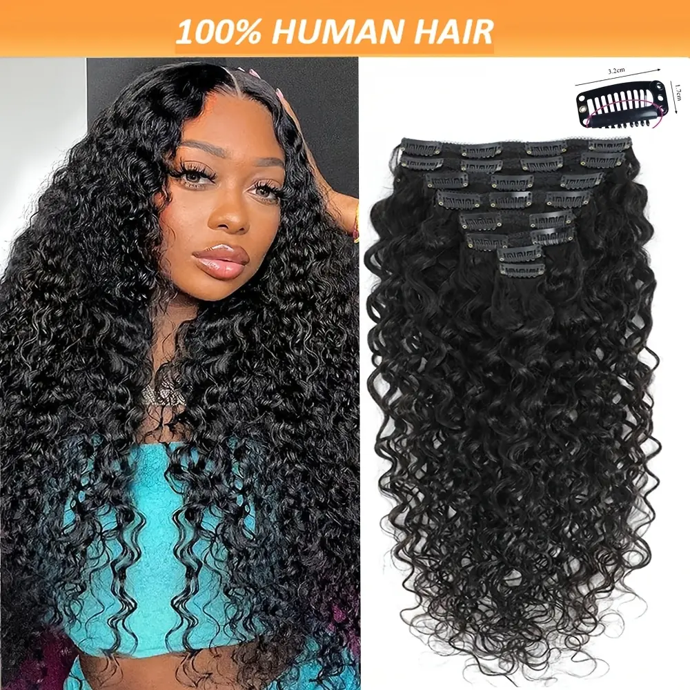 New 2025 Arrivals Hair Extensions Curly Clip Hair Extensions Water Wave Natural Black Human Hair Extensions Clip Ins 120G 8pcs with 18Clips/Set 16-28 Inch