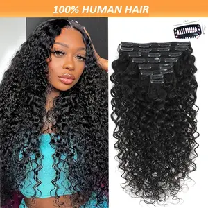 New 2025 Arrivals Hair Extensions Curly Clip Hair Extensions Water Wave Natural Black Human Hair Extensions Clip Ins 120G 8pcs with 18Clips/Set 16-28 Inch