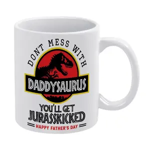 Humorous Dinosaur Dad Coffee Mug 11oz & 15oz, "Daddysaurus" Quote Print, Retro Adventure Themed Drinkware, Thoughtful Father's Day or Birthday Gift for Dads with a Sense of Humor