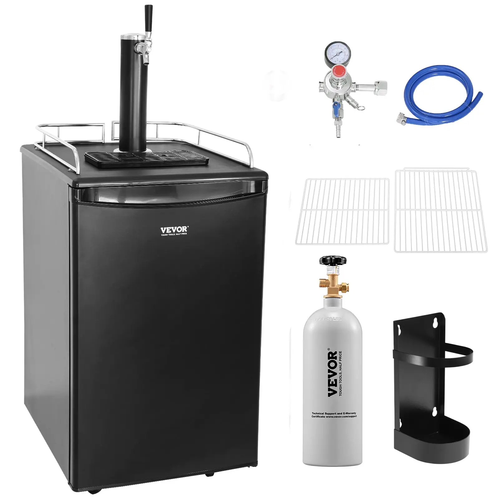 【Summerfinds】VEVOR Single Tap Beer Kegerator Full-Size Bar Fridge Beverage Refrigerator with Auto Defrost, Shelves, DOT+TC Certified CO2 Tank, Drip Tray & Rail, 32°F-50°F Temp Control, Holds 1/6,1/4,1/2 Barrels, Black, Chiller Refrigerator